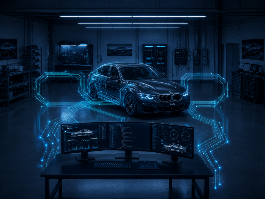 Schwarzer BMW im blau beleuchteten Labor visualisiert den Transformationsprozess bei KBC.
