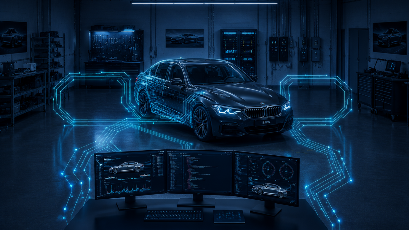 Schwarzer BMW im blau beleuchteten Labor visualisiert den Transformationsprozess bei KBC.