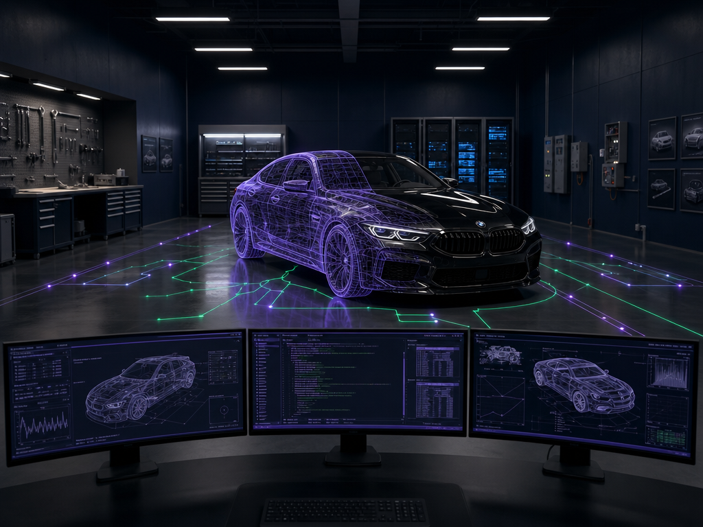 Schwarzer BMW im blau beleuchteten Labor visualisiert den Transformationsprozess bei KBC.