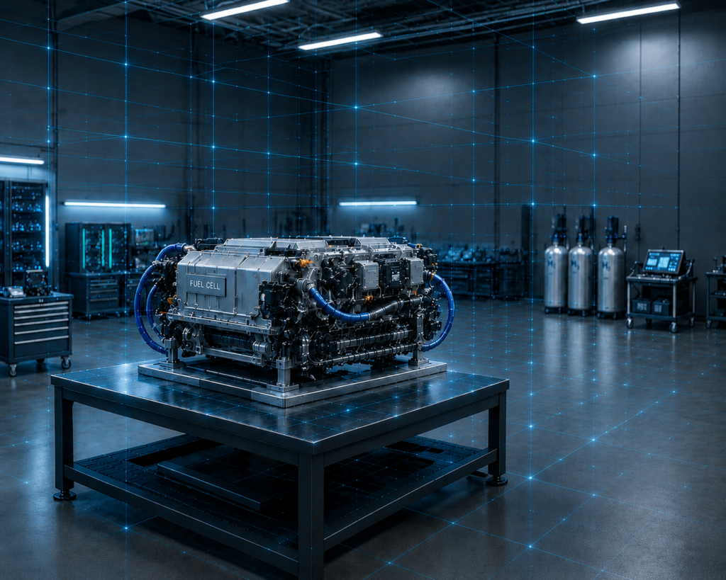 Fuel-Cell-Aggregat mit blauen Schläuchen auf Werkbank im dunklen Labor für Aftersales Automobilindustrie bei KBC.