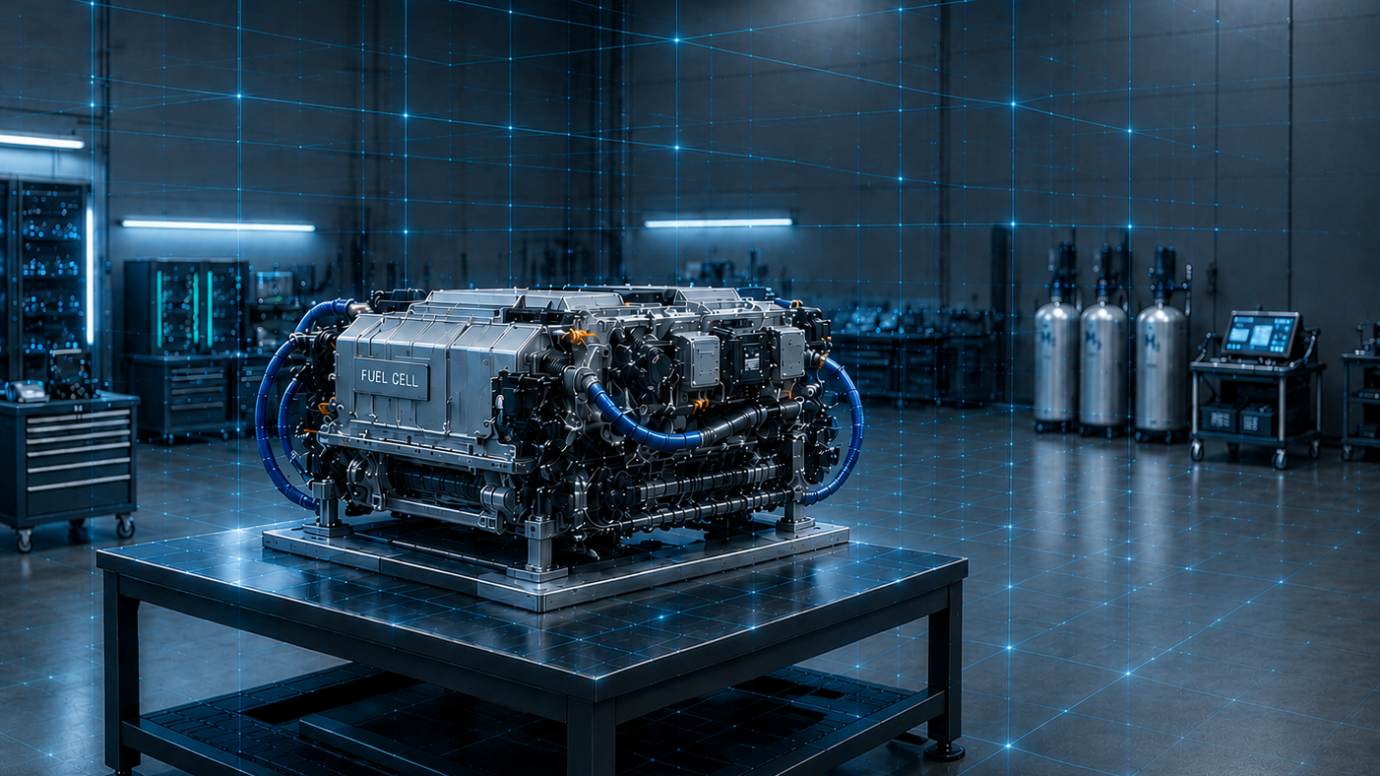 Fuel-Cell-Aggregat mit blauen Schläuchen auf Werkbank im dunklen Labor für Aftersales Automobilindustrie bei KBC.