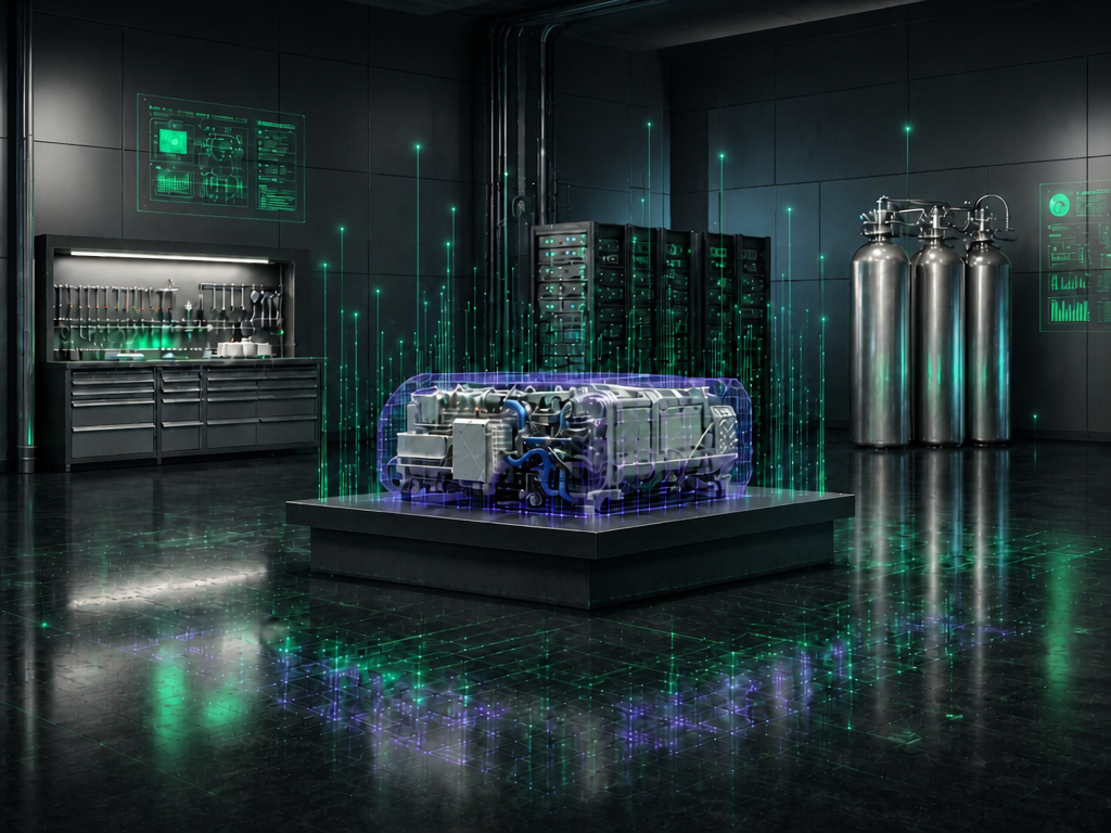 Fuel-Cell-Aggregat mit blauen Schläuchen auf Werkbank im dunklen Labor für Aftersales Automobilindustrie bei KBC.