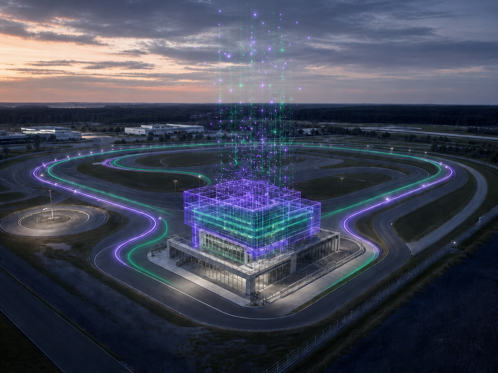 Luftaufnahme eines Testgeländes mit Prüfgebäude und leuchtendem Wireframe-Hologramm in lila und grün, Anforderungsmanagement Beispiel KBC.