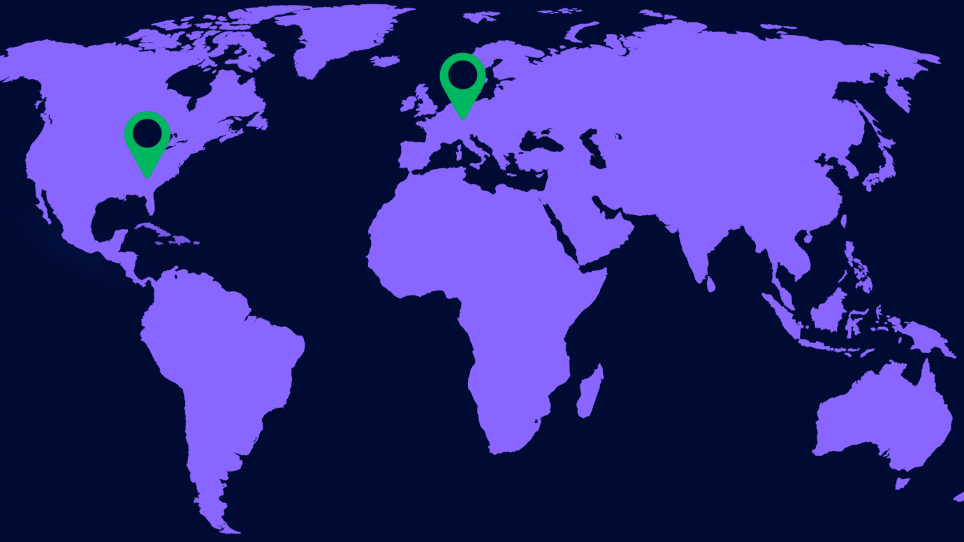 Weltkarte auf der die Bürostandorte der Kemény Boehme Consultants in Europa und Nordamerika markiert sind: München, Deutschland und Charlotte, USA.