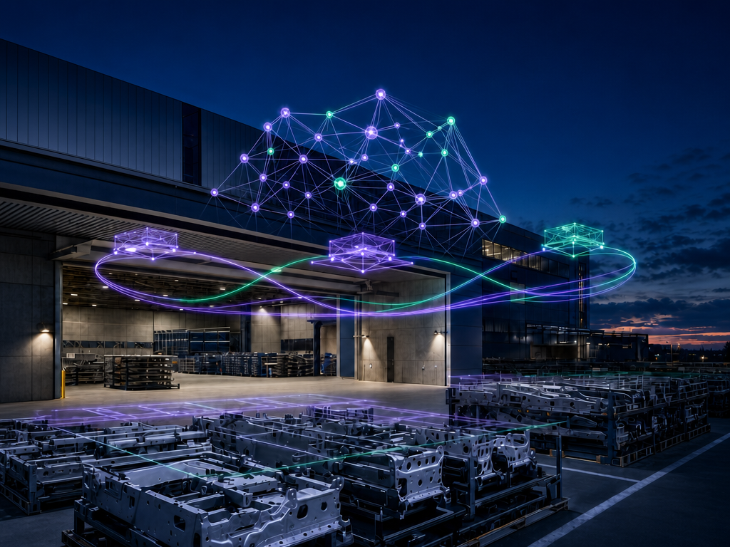Materialpaletten vor Industriehalle mit verbundenen violett-grünen Netzwerkknoten über dem Gebäude, Lieferantenmanagement KBC