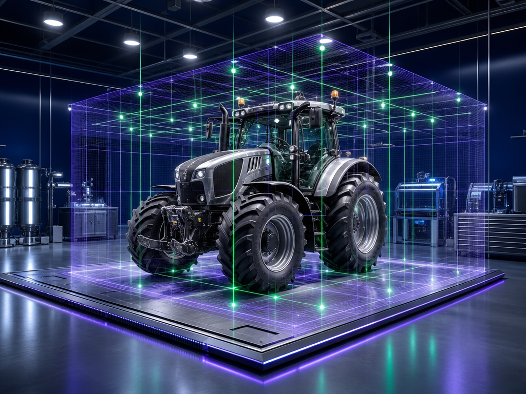 Traktor auf Metallplattform in Labor mit lila und grünen Hologramm-Laserscan, Produktkostenoptimierung KBC.