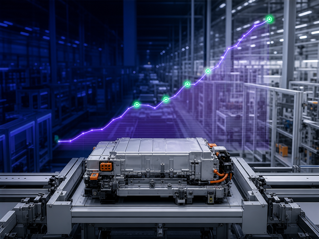 Industrielles Batteriesystem auf Förderband mit lila-grüner Hochlaufkurve symbolisiert taskforce interim durch KBC.