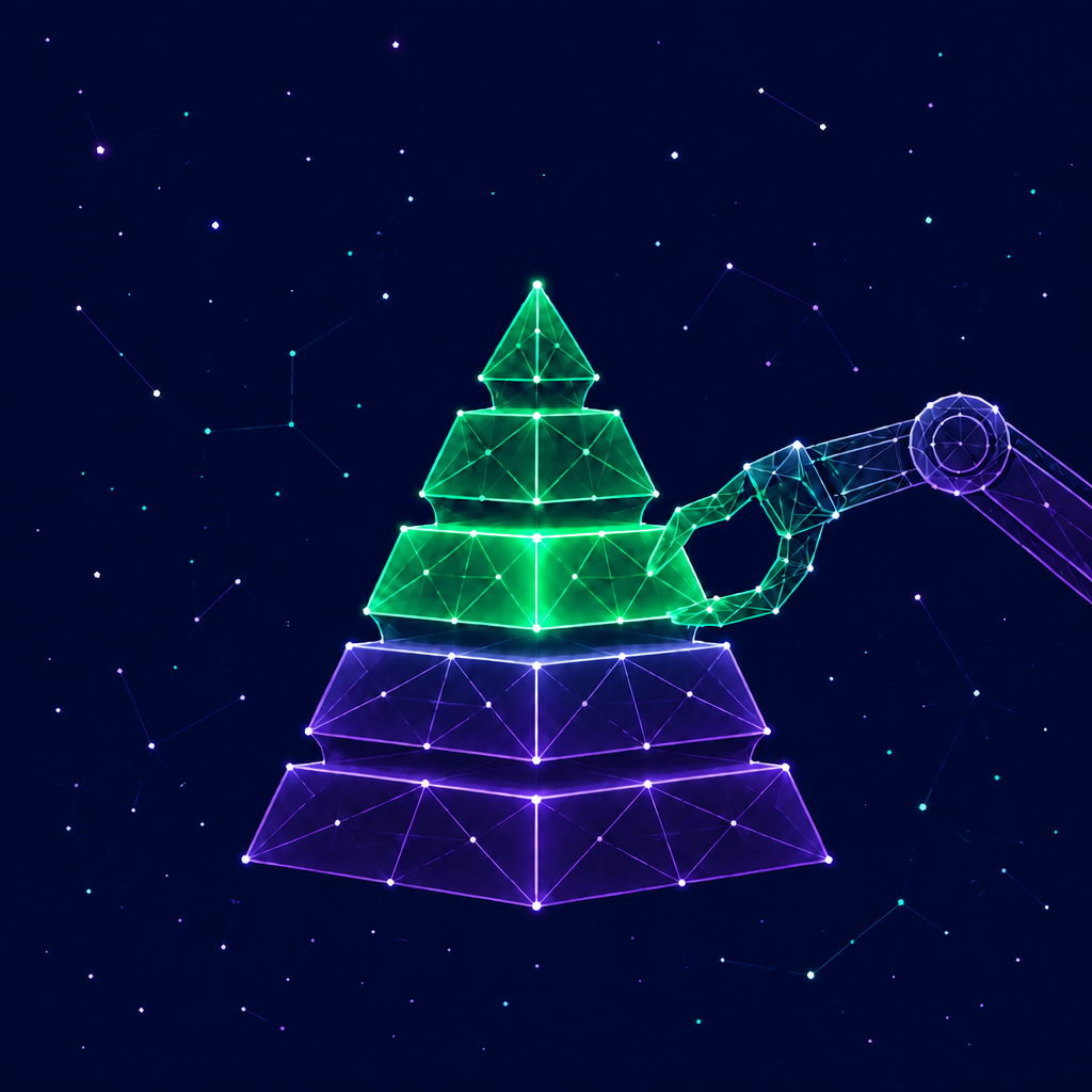 Organisationsberatung dargestellt durch eine Pyramide mit mehreren Schichten und einem Roboterarm.