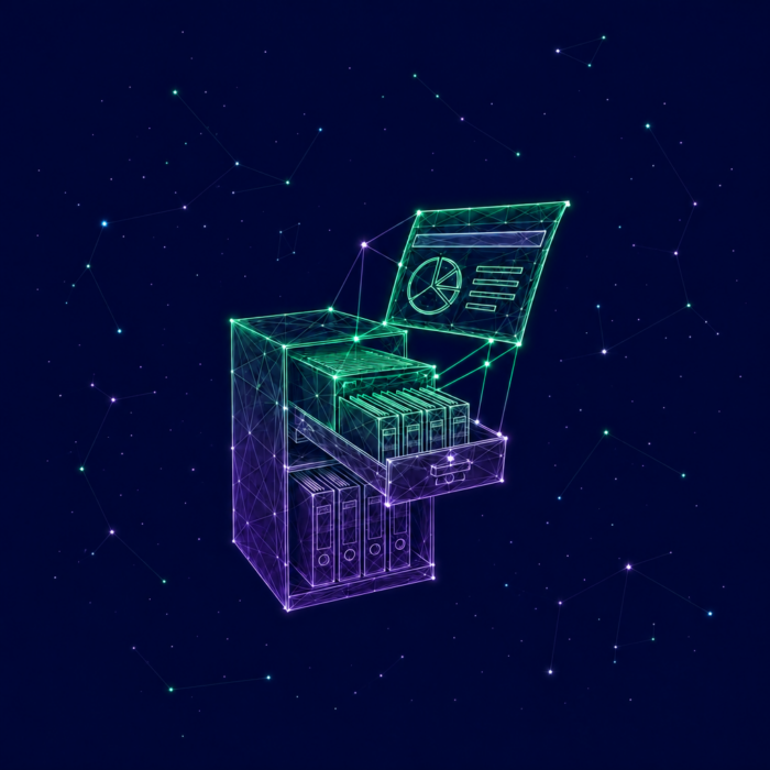 Presentation and document management, illustrated by a small rolling cabinet with an open drawer.