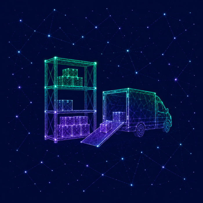 Supply chain management and inventory optimization, illustrated by a shelf with boxes and a truck with a extended loading arm.