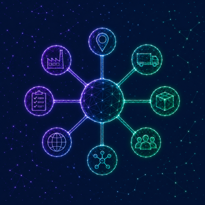 Supply Chain Performance Management, illustrated by several circles featuring the SCM symbols: a truck, a package, people, and a factory.