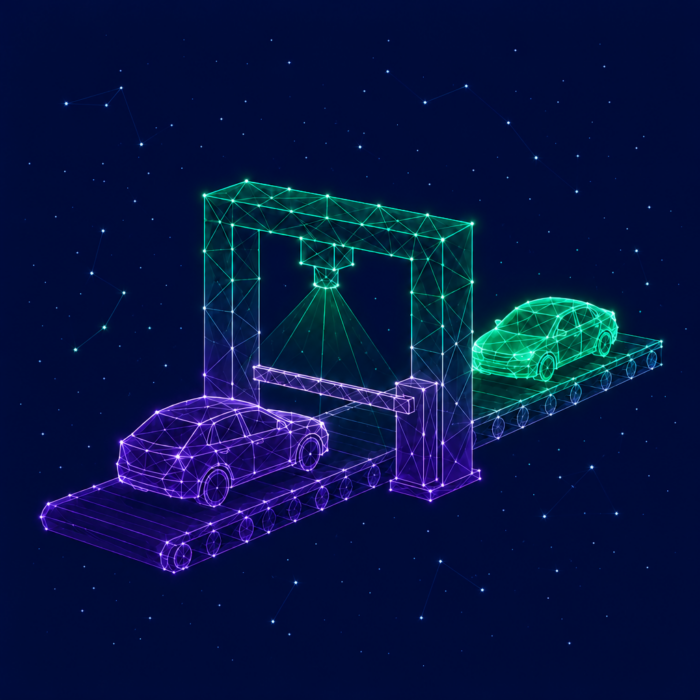 Preventing product recalls through quality management, illustrated by a conveyor belt with a purple and a green car