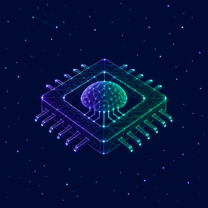 Data and AI represented by a computer chip with a brain in the center.