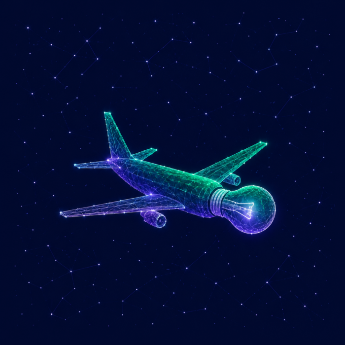 Innovation consulting depicted by an airplane with a light bulb in the cockpit.