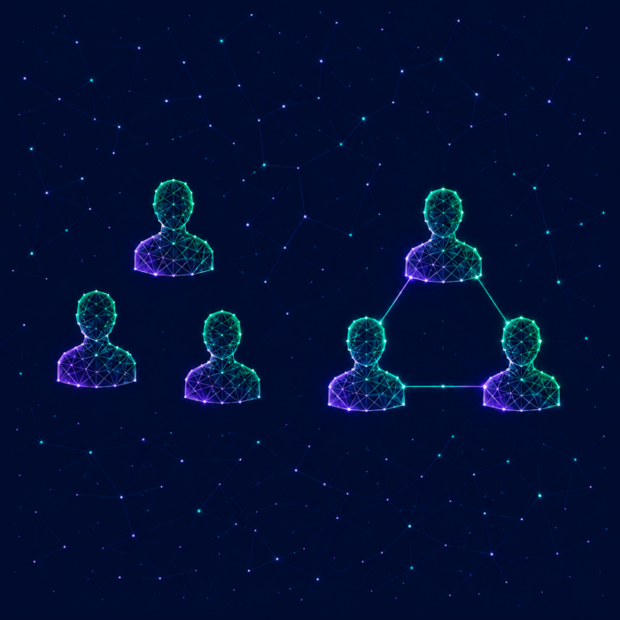 Organizational development depicted by three people on the left and three people on the right who are connected to one another