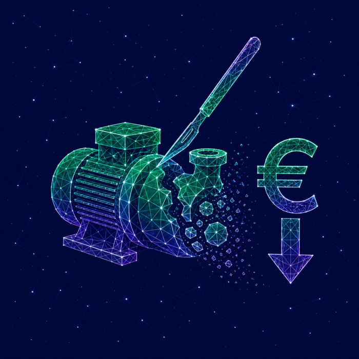 Product cost optimization is illustrated by a pump with a knife cutting something away from it, as well as a euro symbol with a downward-pointing arrow.