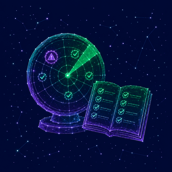 Testing and validation strategy illustrated by a book and a radar