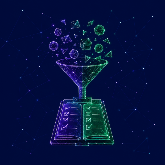 Requirements management, represented by a funnel, flows into square cubes and ends up in a book