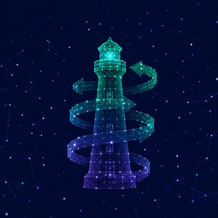 Turnaround consulting depicted by a lighthouse with rotating arrows