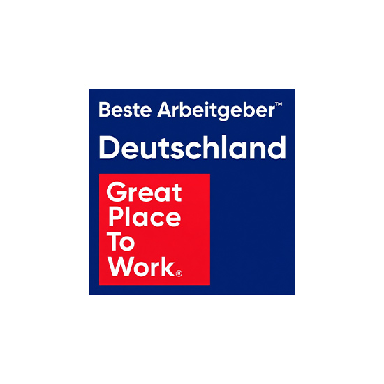 Bester Arbeitgeber Deutschland Great Place to Work Logo blau mit rotem Kasten
