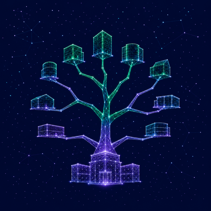 Aufbauorganisation dargestellt durch einen Baum, an dessen Astenden jeweils Gebäude sind.