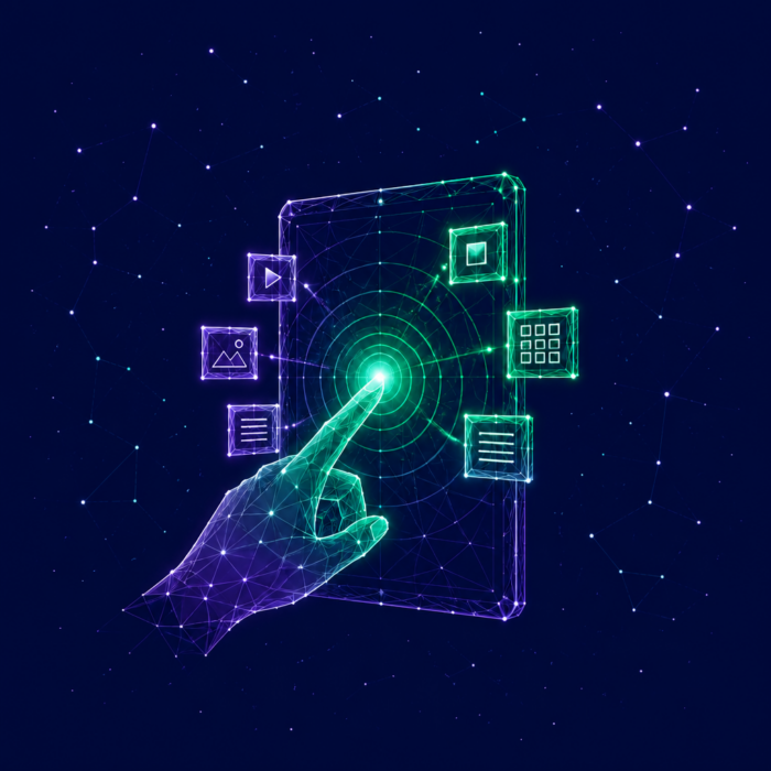 Interaktive Formate dargestellt durch eine Hand, die auf ein Display tippt.