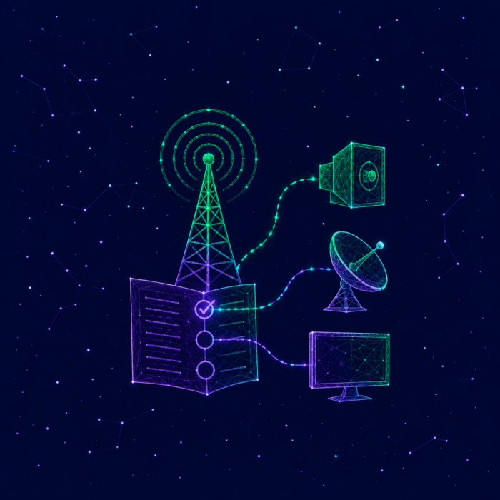 Kommunikationsstrategie und-planung dargestellt durch einen Funkturm, Satellitenschüssel, Bildschirm und ein Datenpapier.