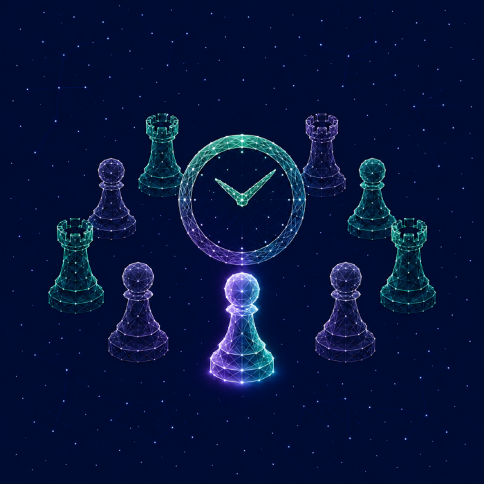 Interim management depicted by a clock with chess pieces
