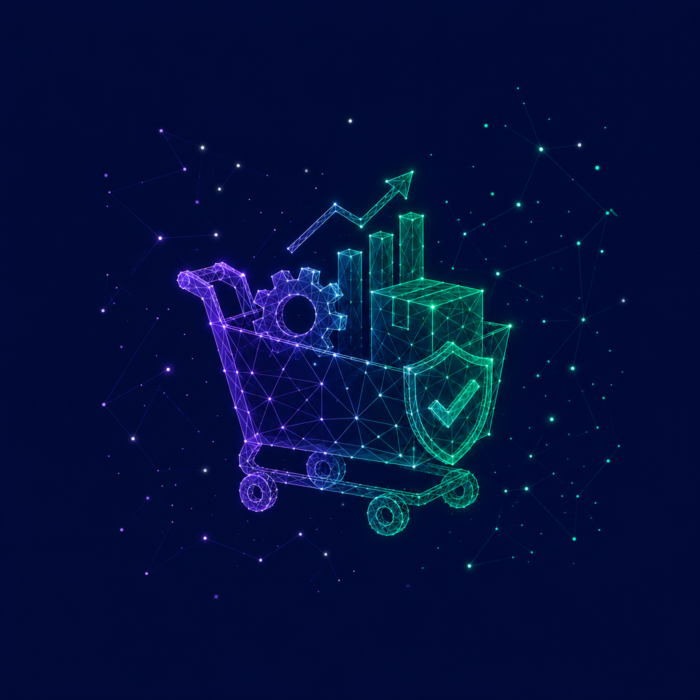 Shopping Advice: Shopping cart filled with a gear, arrows, and factories