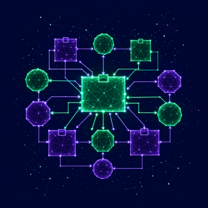 Operating model design and organizational alignment represented by squares and circles connected by lines.