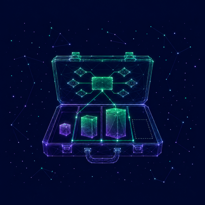 Business model and portfolio orientation represented by a suitcase containing various cubes connected by lines.