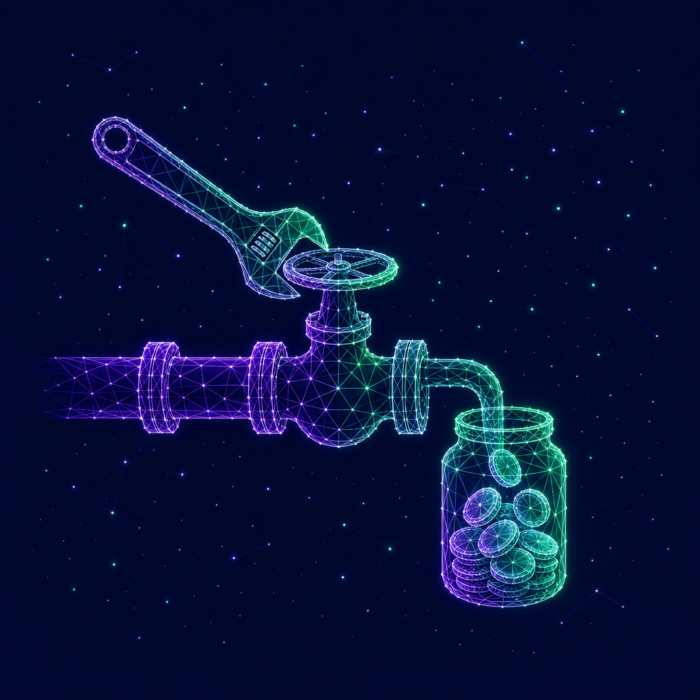 Cost optimization depicted by a faucet with a wrench, with coins flying out of the faucet and into a glass.
