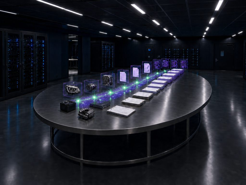 Ovaler Metalltisch mit Industriebauteilen, lila holografischen Würfeln und grünen Datensträngen symbolisiert Gewährleistungsmanagement Prozess durch KBC.