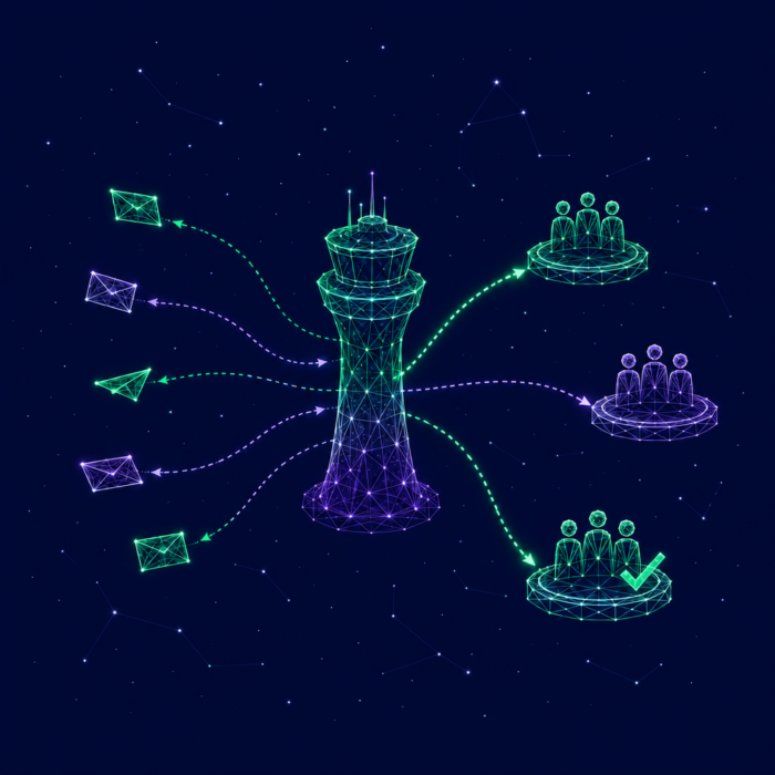 Service operating model design and optimization, depicted by a lighthouse in the center and letters flying toward the lighthouse, guided by arrows.