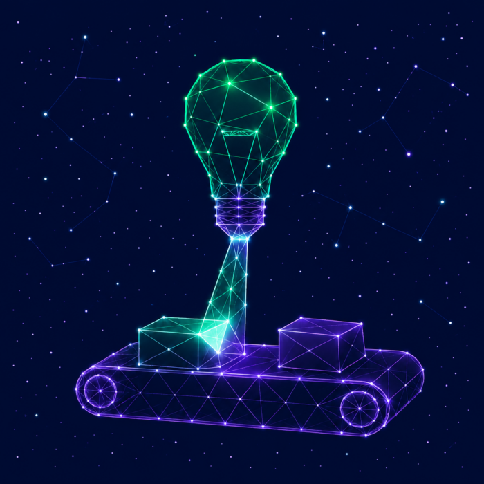 Innovation in der Produktion nutzbar machen dargestellt durch eine Fließband und darüber eine Glühbirne
