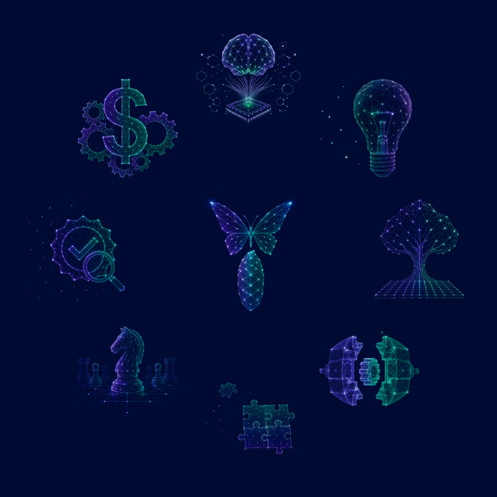 Beratungsleistungen von KBC dargestellt durch die Icons der Leistungen wie Schmetterling, Glühbirne, Baum, Dollarzeichen, Gehirn, Chip, Schachfigur, grüner Haken