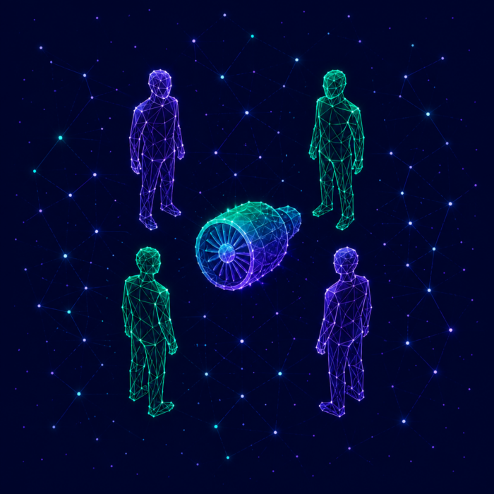 Product development task force depicted as a turbine, with four people standing around it