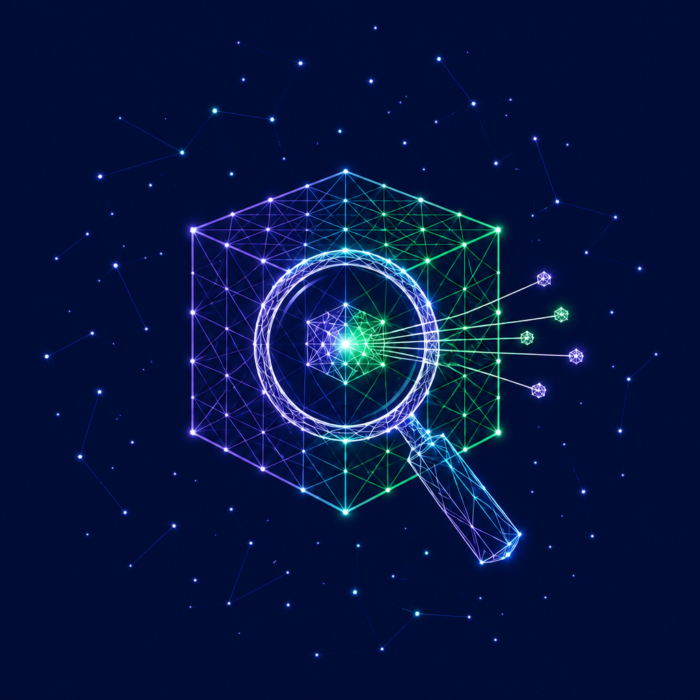 Strategic direction illustrated through use cases, represented by a grid cube viewed through a magnifying glass.