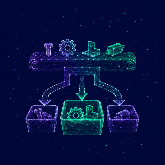 Define the parts portfolio, represented by an assembly line with different parts falling into different boxes.