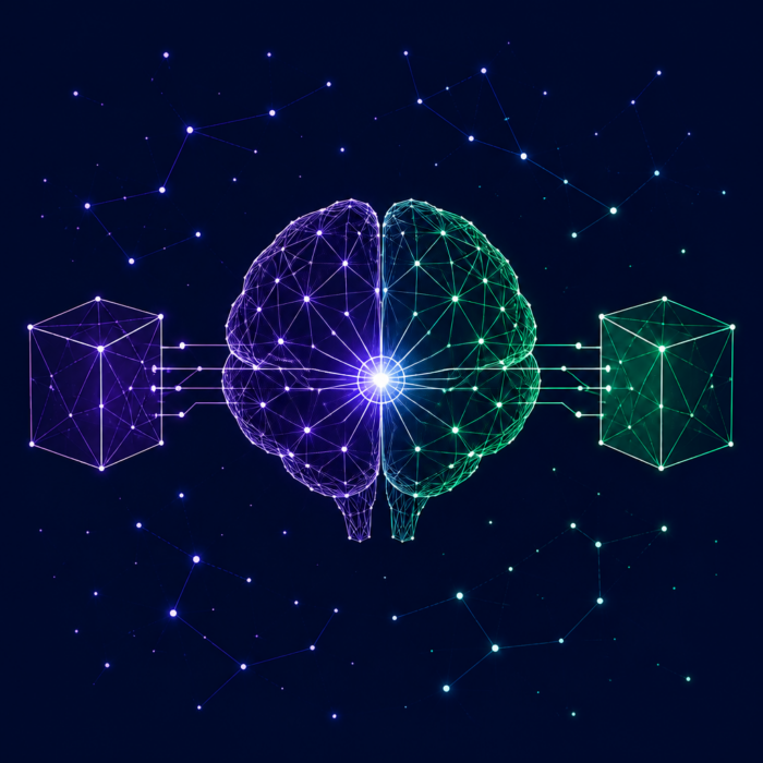 Implementation of AI solutions illustrated by a brain with purple and green boxes on the left and right.