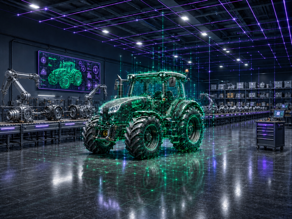 Traktor mit grünem und lila Hologramm in Produktionshalle symbolisiert lean manufacturing durch KBC.