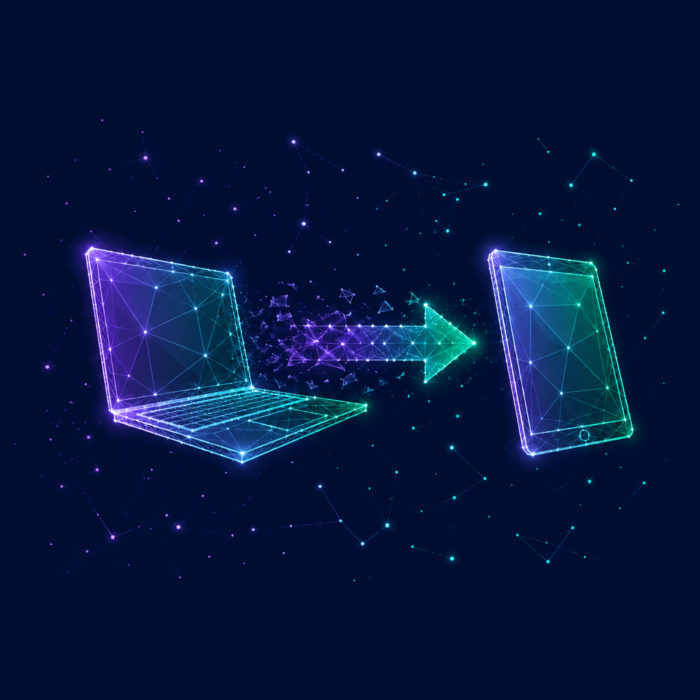 Digital transformation depicted by a laptop with an arrow pointing to a tablet