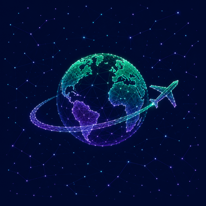 Supply chain management depicted by a globe with an airplane circling it.