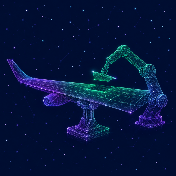 Optimization of production and assembly processes, illustrated by an airplane wing into which a robot arm is inserting a new part.