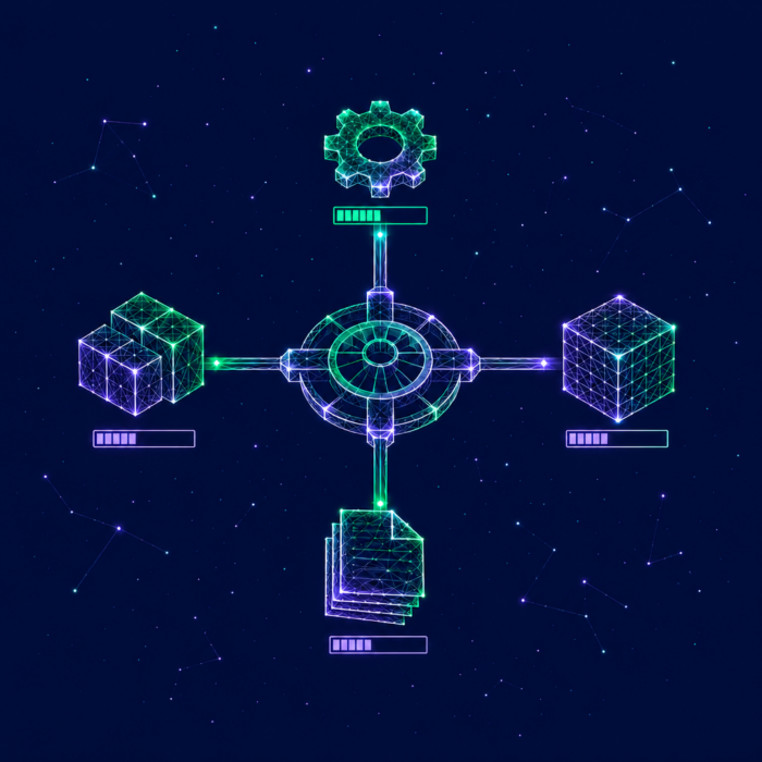 Multi-project management illustrated using boxes, gears, and papers.