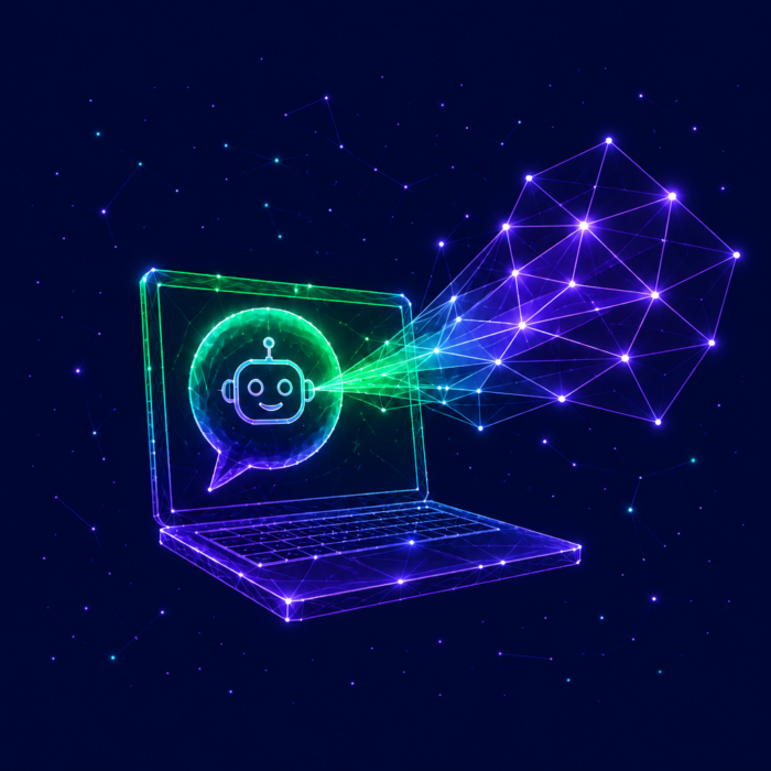 Digitalization and AI, depicted by a laptop with a speech bubble featuring a robot on its screen.