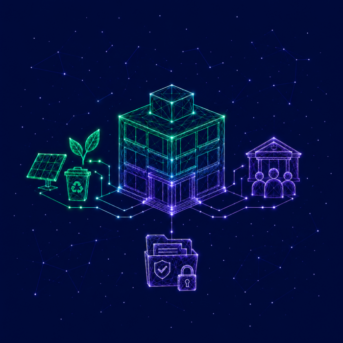 Corporate sustainability management: ESG integration illustrated by a building with white arrows featuring a recycling symbol, a plant, a castle, and a building with three people standing inside.