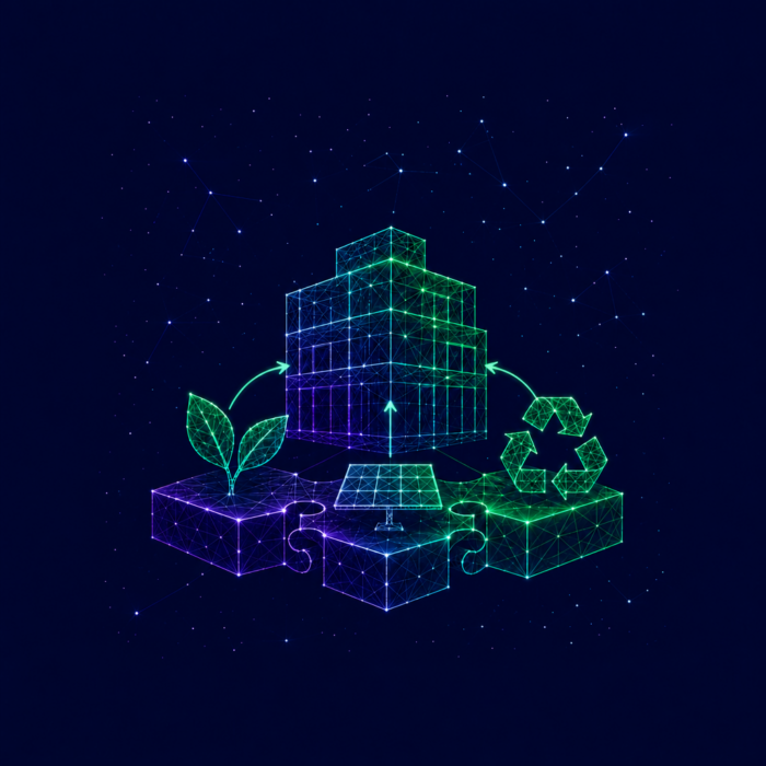 Develop and embed a sustainability strategy, illustrated by a skyscraper with arrows extending from a recycling symbol, a plant, and a solar panel.