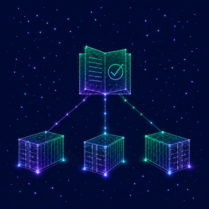 Supply chain management and procurement illustrated by three boxes connected by a line to a notebook with a green check mark
