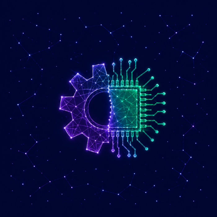 Digital transformation depicted by a gear that merges into a computer chip.